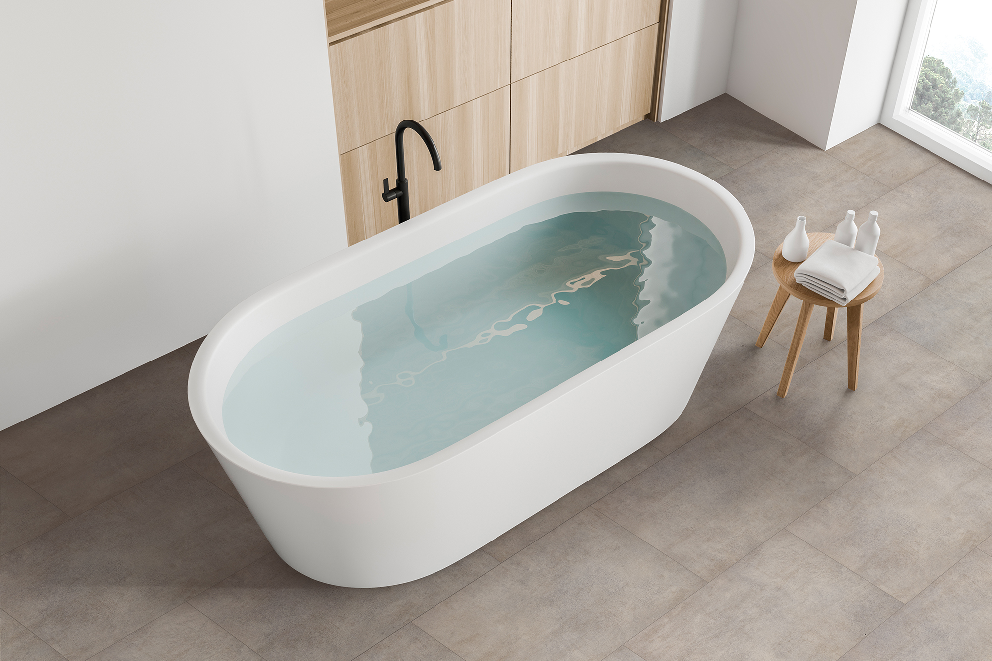 Top view of white and wooden bathroom